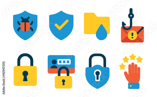 Flat vector icons of cybersecurity: malware protection, antivirus, data leak prevention, phishing, digital lock, secure login, secure access, cyber hygiene.