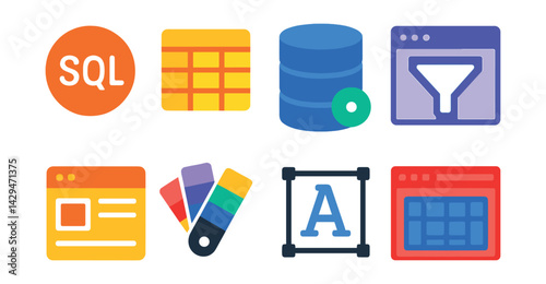 Flat vector icons of databases: SQL symbol, table icon, database server, query builder, index icon, relational diagram, NoSQL database, cloud database.