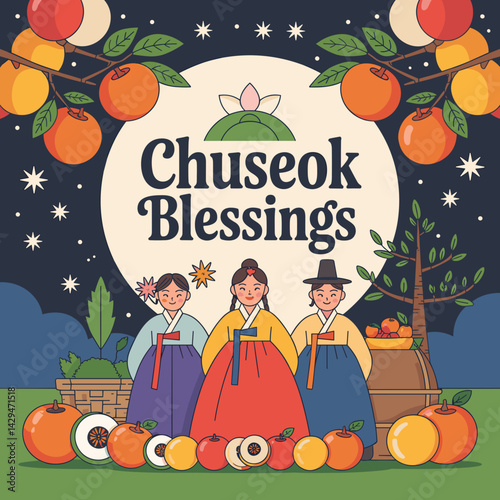 Chuseok Blessings Card with Harvest Moon and Traditional Hanbok
