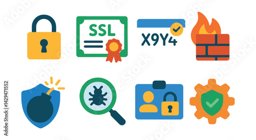 Flat vector icons of website security: padlock icon, SSL certificate, captcha, firewall, DDoS protection, malware scan, access control, security patch.