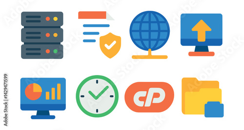Flat vector icons of web hosting: server rack, hosting plan, domain connected, FTP upload, hosting dashboard, uptime monitor, cPanel icon, file manager.