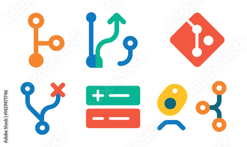 Flat vector icons of version control: Git branch, pull request, commit icon, repository logo, merge conflict, code diff, version tag, commit history.