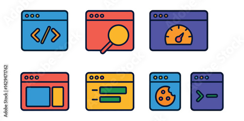 Flat vector icons of browser tools: developer console, inspect element, performance tab, network request, device toolbar, storage view, cookies manager, console log.