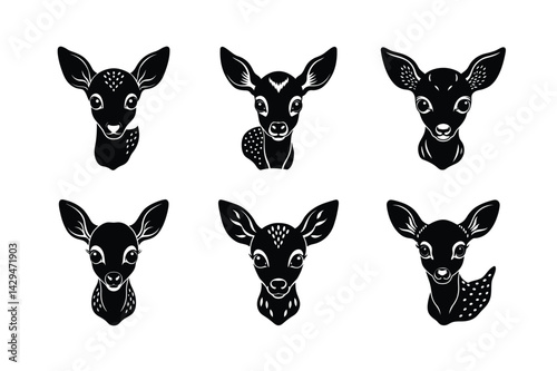 black silhouettes of wild deers – male, female and roe deer logo vector.