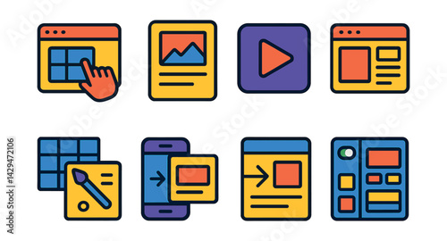 Flat vector icons of CDN technology: CDN map, edge server, cache hit, content delivery arrow, file replication, global network, CDN status, latency optimization.