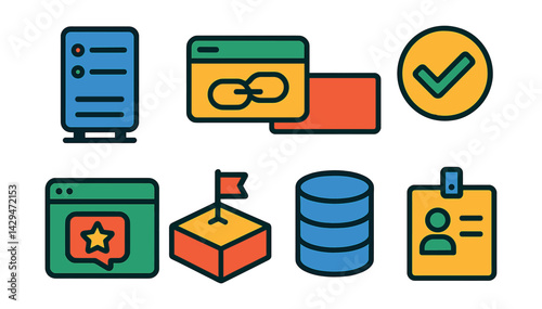 Flat vector icons of staging environments: test server, preview URL, staging banner, QA status, review app, sandbox environment, staging database, test credentials.