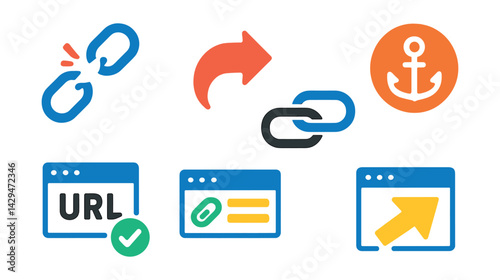 Flat vector icons of link management: broken link icon, redirect arrow, shortlink creator, anchor tag, URL checker, link preview, canonical link, outbound click.