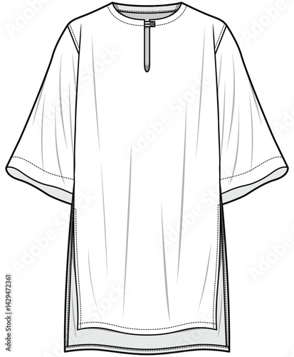 Front Keyhole Oversize Black Long T-Shirt Dress Fashion Flat Sketch Vector Illustration, CAD, Technical Drawing, Flat Drawing, Template, Mockup.