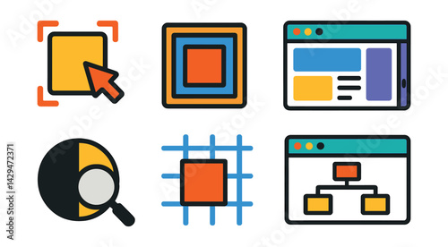 Flat vector icons of visual debugging: element highlight, box model icon, layout debug, overflow checker, contrast checker, grid lines, spacing view, DOM inspector.