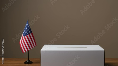 American flag beside ballot box on wooden table  