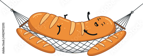 Bread loaf and baguettes resting in hammock vector illustration with smiling faces 