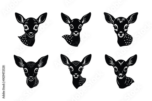 black silhouettes of wild deers – male, female and roe deer logo vector.