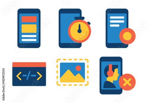 Flat vector icons of mobile optimization: mobile layout, fast load, mobile navigation, tap target, viewport tag, compressed image, screen reader, offline support.