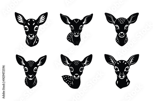 black silhouettes of wild deers – male, female and roe deer logo vector.