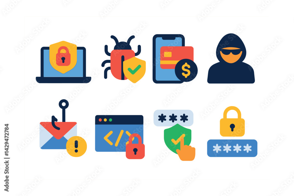 Fototapeta premium Flat vector icons of cybersecurity: VPN, antivirus, cyber fraud, hacker, phishing, secure code, secure login, strong password.
