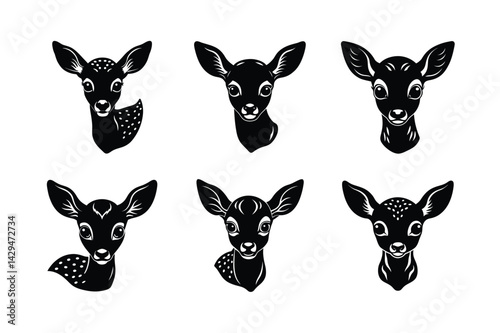 black silhouettes of wild deers – male, female and roe deer logo vector.