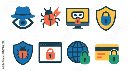 Flat vector icons of cybersecurity: cyber espionage, cyberattack, cybercrime, data protection, malware protection, safe browser, secure connection, secure payment.