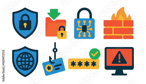 Flat vector icons of cybersecurity: cyber defense, data theft prevention, digital lock, firewall, network protection, phishing, strong password, threat monitoring.