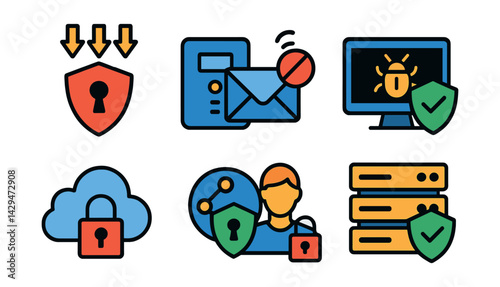 Flat vector icons of cybersecurity: DDoS protection, IoT device protection, anti-spam, antivirus, cloud security, network protection, personal data safety, secure server.