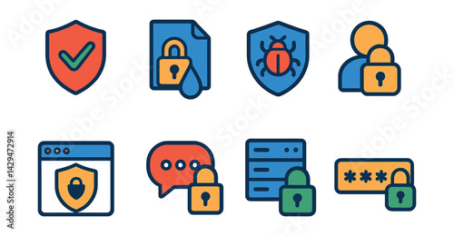 Flat vector icons of cybersecurity: antivirus, data leak prevention, malware protection, personal data safety, safe browser, secure chat, secure server, strong password.