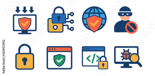 Flat vector icons of cybersecurity: DDoS protection, IoT device protection, VPN, cybercrime, digital lock, safe browser, secure code, threat monitoring.