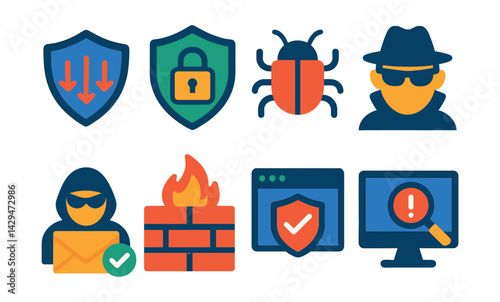 Flat vector icons of cybersecurity: DDoS protection, VPN, antivirus, cyber espionage, cyber fraud, firewall, safe browser, threat monitoring.