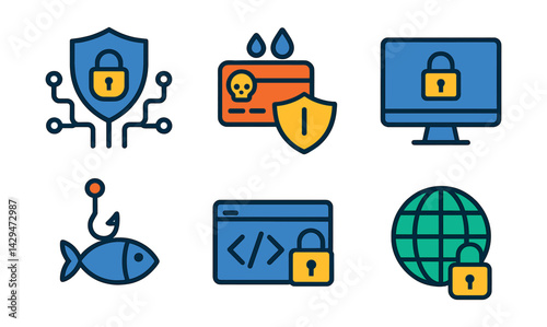 Flat vector icons of cybersecurity: cyber defense, cyber fraud, data leak prevention, digital safety, phishing, secure access, secure code, secure connection.