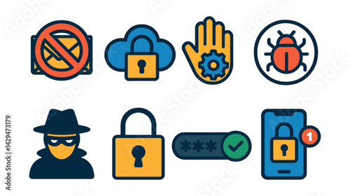 Flat vector icons of cybersecurity: anti-spam, cloud security, cyber hygiene, cyberattack, cybercrime, digital lock, strong password, two-factor authentication.