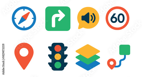 Flat vector icons of navigation apps: compass icon, turn-by-turn, voice guide, speed limit, current location, traffic indicator, map layers, route line.