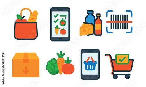 Flat vector icons of grocery delivery apps: shopping bag, grocery list, product icons, barcode scan, delivery box, fresh produce, app basket, cart checkout.