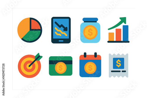 Flat vector icons of finance apps: budget pie chart, expense tracker, money jar, income bar, financial goals, account balance, payment calendar, receipt scan.