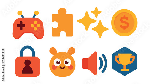 Flat vector icons of kids game apps: cartoon joystick, puzzle piece, animated stars, reward coin, parent lock, cute mascot, sound toggle, trophy badge.