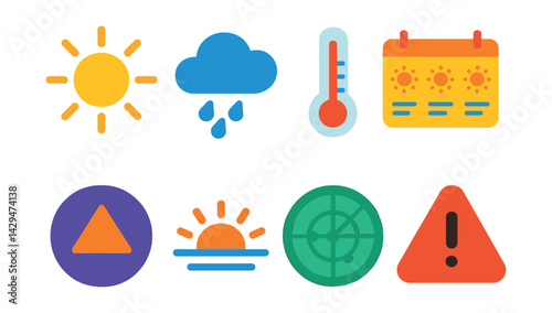 Flat vector icons of weather apps: sun icon, cloud rain, temperature gauge, weekly forecast, UV index, sunrise/sunset, radar map, weather alert.