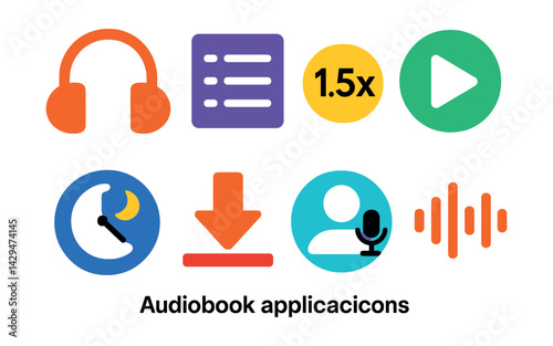 Flat vector icons of audiobook apps: headphones icon, chapter list, playback speed, play/pause button, timer sleep, download arrow, narrator icon, waveform.