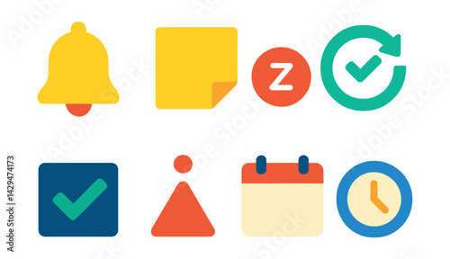 Flat vector icons of reminder apps: alert bell, sticky note, snooze button, recurring task, checklist box, priority marker, due date, time ring.