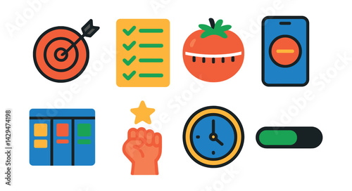 Flat vector icons of productivity apps: goal chart, to-do list, pomodoro timer, focus mode, project board, motivation icon, time tracker, progress bar.