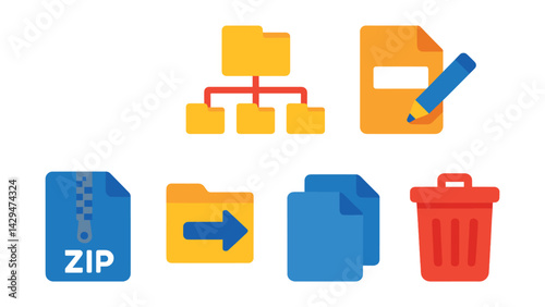 Flat vector icons of file manager apps: file icon, folder tree, rename file, sort by, zip file, move folder, copy file, delete bin.
