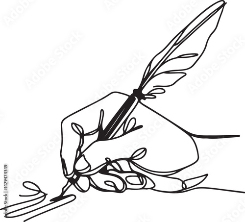 continuous line drawing of hand writing with feather pen