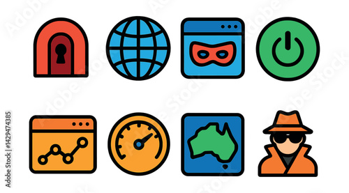 Flat vector icons of VPN apps: secure tunnel, globe icon, IP mask, connect button, data graph, speed test, region selector, privacy mode.