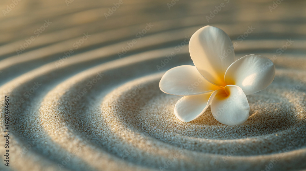 A delicate white flower rests on smooth neutral sand marked by a gentle circular pattern symbolizing peace balance renewal and the harmony between nature and mindfulness in a calm setting
