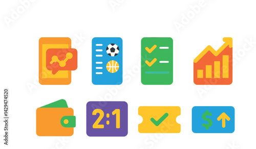 Flat vector icons of sports betting apps: live odds, sports list, bet slip, win graph, wallet icon, game results, ticket confirmation, cash out.