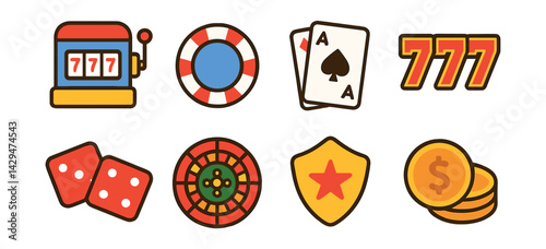 Flat vector icons of casino game apps: slot machine, poker chip, playing cards, jackpot symbol, dice icon, roulette wheel, VIP badge, win coins.