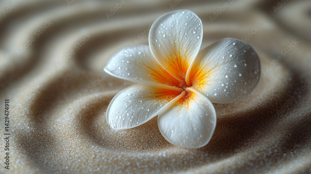 A delicate white flower rests on smooth neutral sand marked by a gentle circular pattern symbolizing peace balance renewal and the harmony between nature and mindfulness in a calm setting