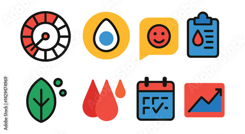 Flat vector icons of period tracker apps: cycle wheel, ovulation icon, mood tag, log symptom, fertile days, flow level, tracker calendar, health graph.