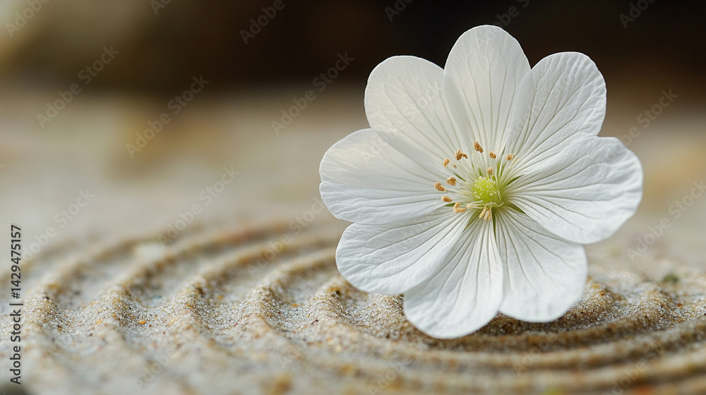 A delicate white flower rests on smooth neutral sand marked by a gentle circular pattern symbolizing peace balance renewal and the harmony between nature and mindfulness in a calm setting