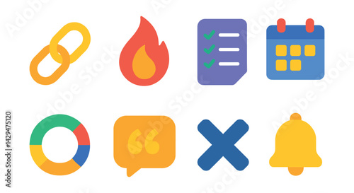 Flat vector icons of smart habit builder apps: habit chain, streak flame, task icon, daily tracker, habit ring, motivational quote, skip day, reminder bell.