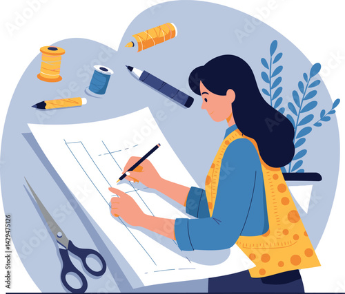Woman Tailor Drawing Sewing Pattern with Thread Scissors and Pencil Vector Illustration 