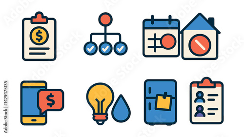 Flat vector icons of roommate management apps: rent tracker, task split, shared calendar, house rules, payment request, utility icon, fridge note, roommate list.
