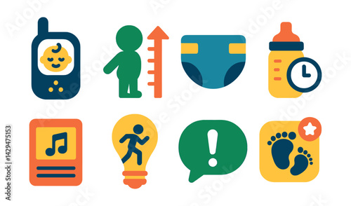 Flat vector icons of parenting assistant apps: baby monitor, growth tracker, diaper log, feed schedule, lullaby player, activity idea, parenting tips, milestone alert.