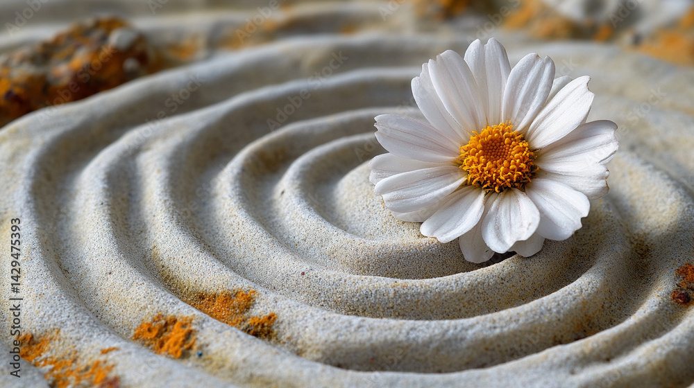 A delicate white flower rests on smooth neutral sand marked by a gentle circular pattern symbolizing peace balance renewal and the harmony between nature and mindfulness in a calm setting